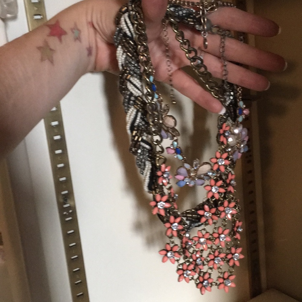 3 chunky necklaces—two beaded w/ stones, 1 braided